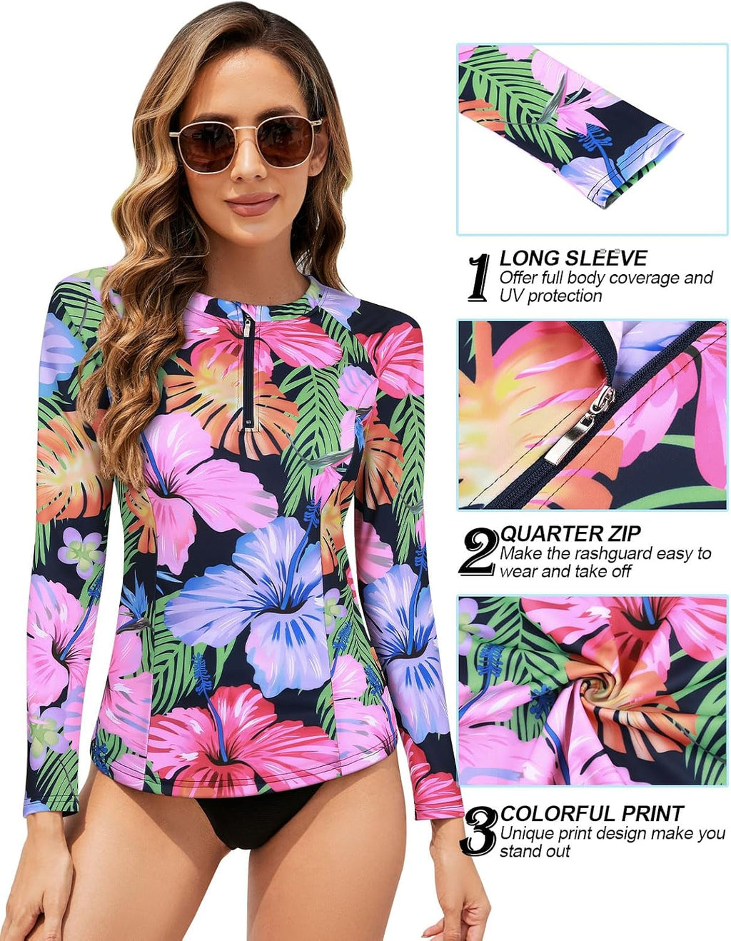 Tanst Sky Women's Rash Guard Swim Top Long Sleeve Bathing Suits UV Shirt Zipper Rashguard Swimsuit