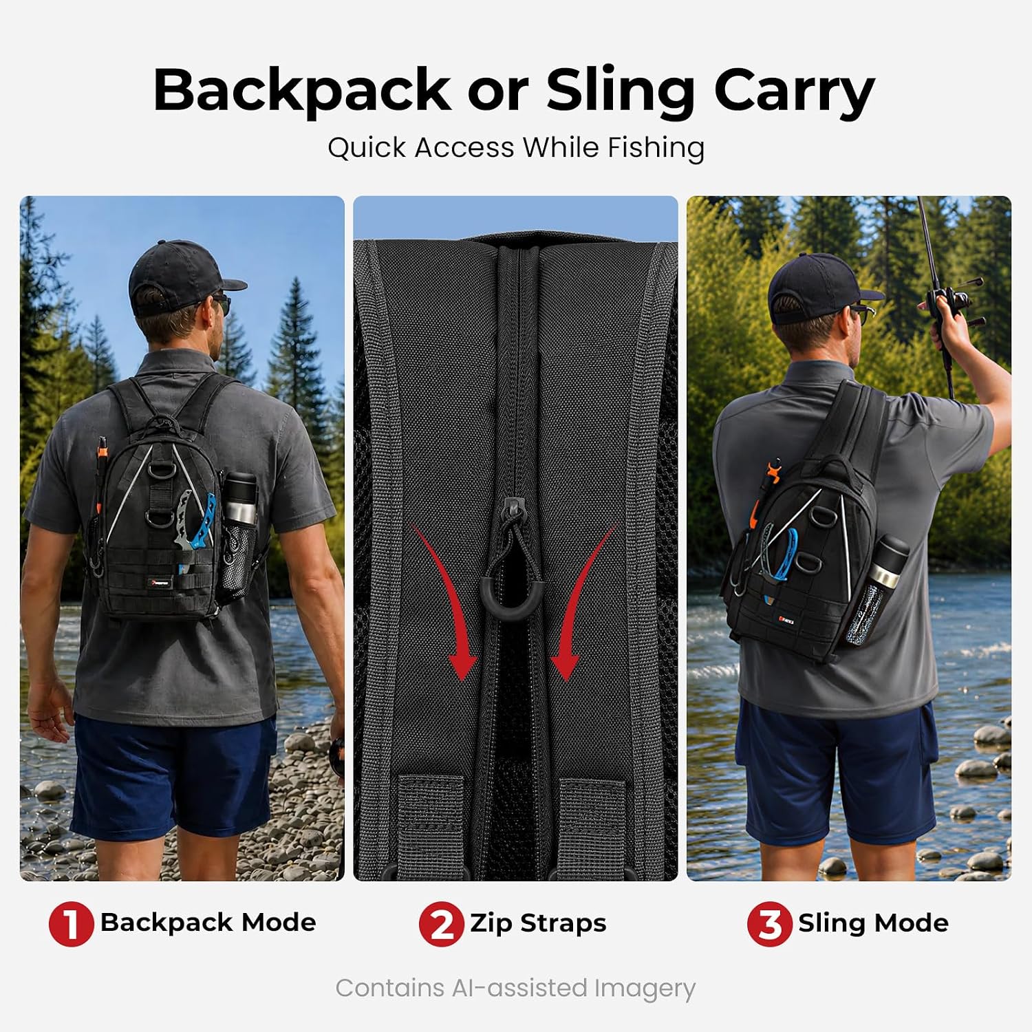 Piscifun Fishing Backpack, Rod Holders, Lightweight Sling Bag, Black