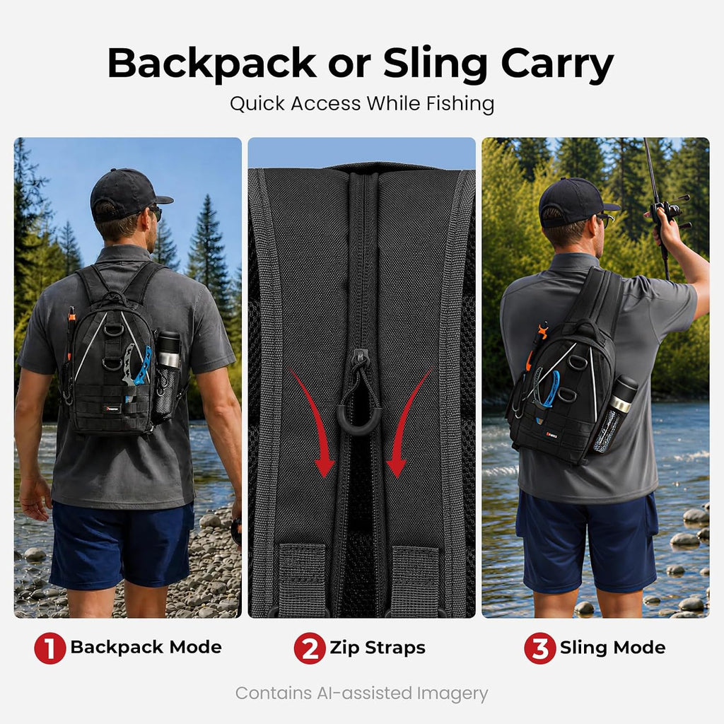Piscifun Fishing Backpack, Rod Holders, Lightweight Sling Bag, Black Large
