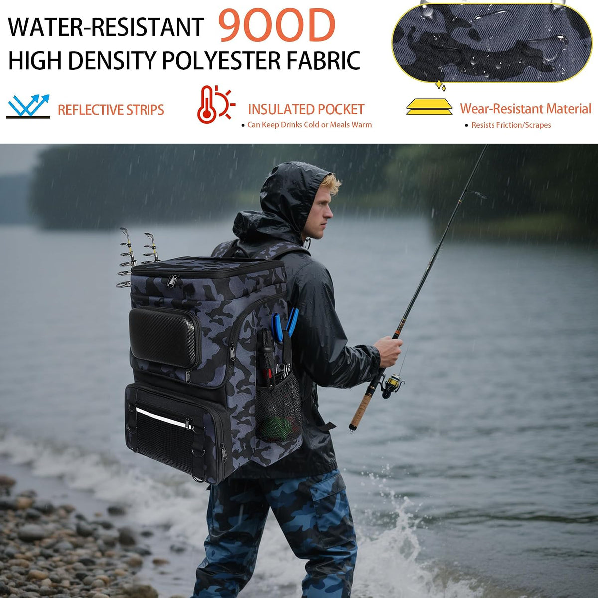 Fishing Backpack with Rod Holder and Tackle Boxes, Cooler, Large 50L Fishing Gear Bag with 139 Fishing Lures Kit, Fish Tool Set, Fish Gifts for Men Woman-Camo Backpack
