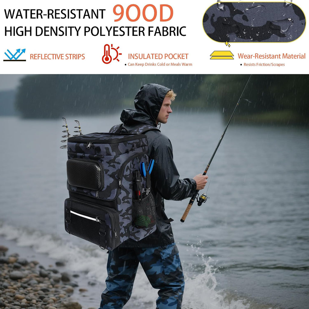 Fishing Backpack with Rod Holder and Tackle Boxes, Cooler, Large 50L Fishing Gear Bag with 139 Fishing Lures Kit, Fish Tool Set, Fish Gifts for Men Woman-Grey Backpack