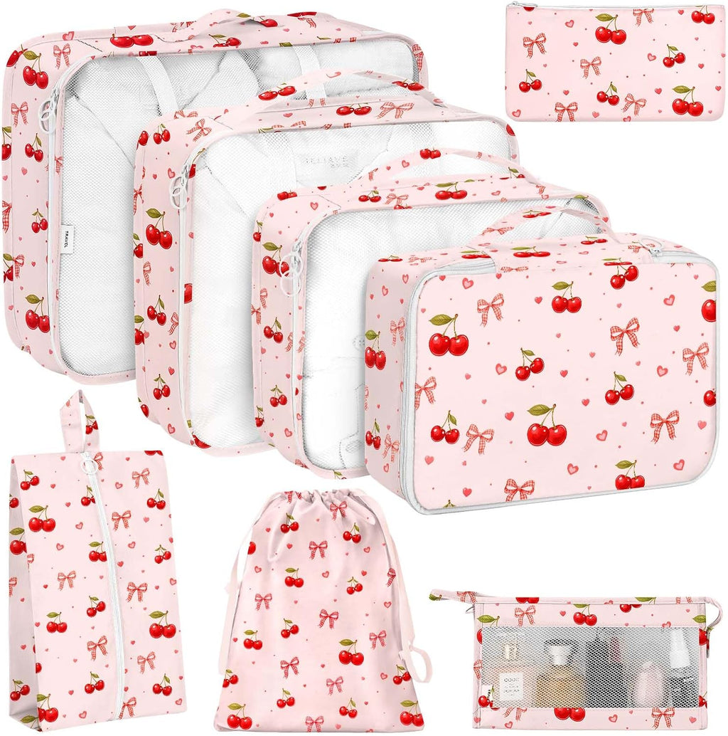 KPX 8 Set Packing Cubes for Travel, Luggage Packing Organizers Accessories Large Toiletries Bag for Clothes Shoes Cosmetics (8Set-Cherry & Bow)
