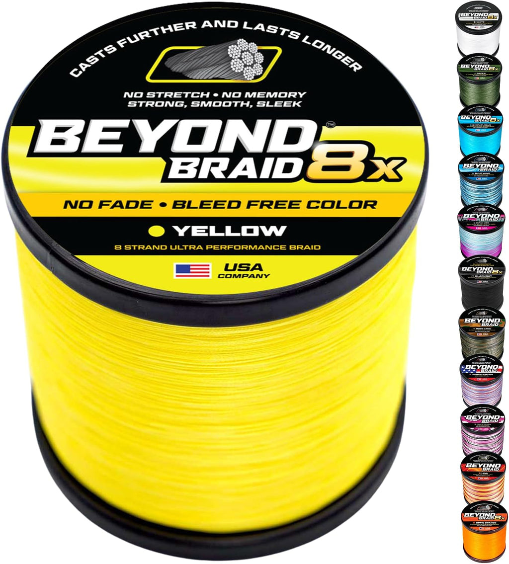 Beyond Braid Braided Fishing Line -Super Strong - Abrasion Resistant - No Stretch -Blue Camo, Moss Camo, White, Green, Pink, Blue, 4 Strand 8 Strand