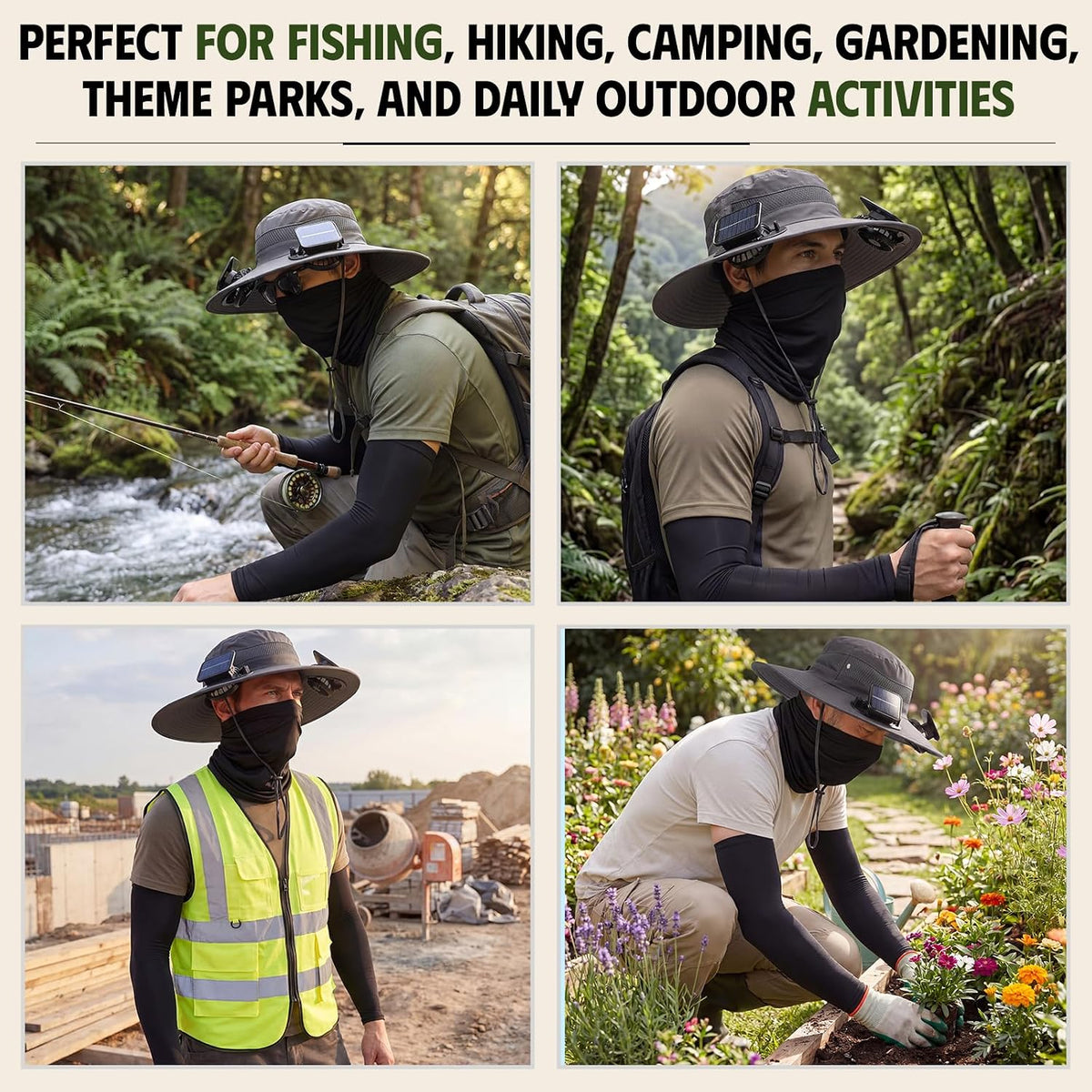 Syhood Solar Powered Fan Hat Neck Gaiter Arm Sleeves Sun Bucket Hat with Fan Cooling Wide Brim Hats for Fishing Hiking