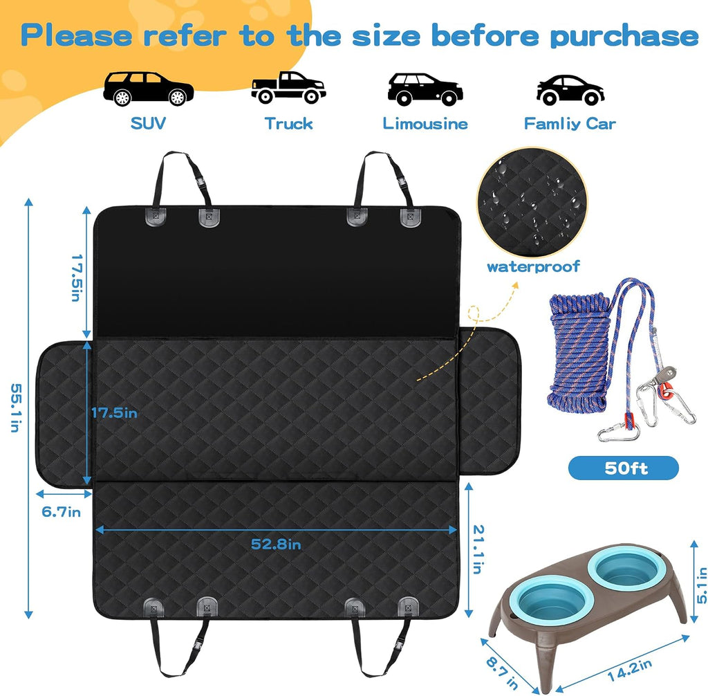 4-in-1 Pet Travel & Outdoor Set, Include 36in Gray Elevated Dog Bed with Canopy, Dog Canopy Bed, Pet Back Seat Cover, 50ft Tie Out Cable, Collapsible Double Pet Bowls