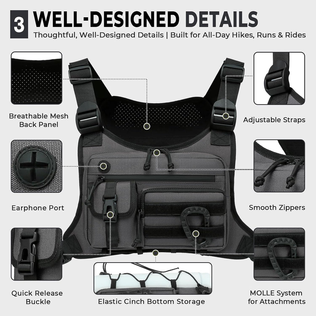 Muserise Outdoor Chest Bag For Men and Women, Tactical Vest For Running, Cycling, EDC Chest Pack Rig For Sports and Workouts