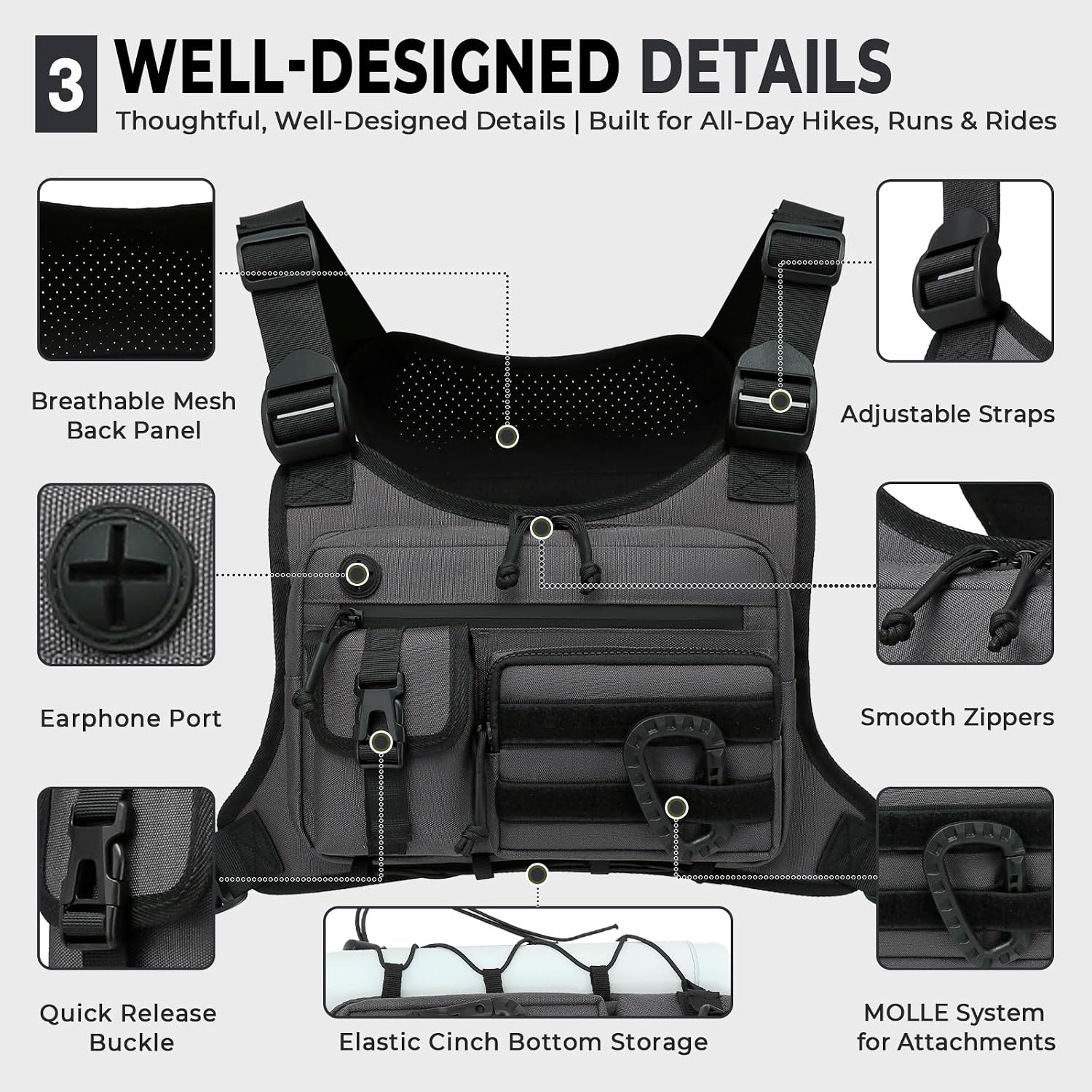 Muserise Outdoor Chest Bag For Men and Women, Tactical Vest For Running, Cycling, EDC Chest Pack Rig For Sports and Workouts