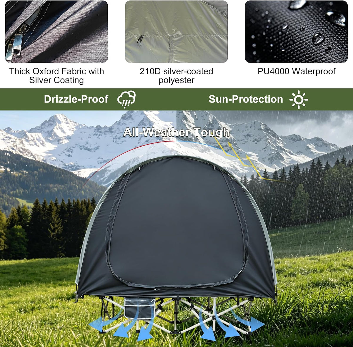 1 Person Solo Cot Tent (Bed Not Included), 210D Silver Fabric, Waterproof, Compact Portable Camping Shelter
