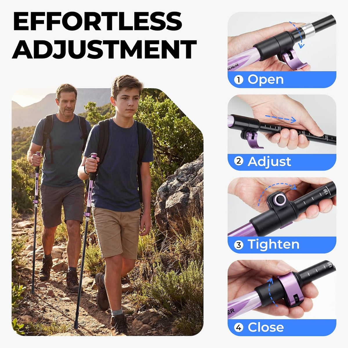 Trekking Poles for Hiking - Collapsible Lightweight 7075 Aluminum Hiking Poles (9.5 oz), EVA Grip Tri-Fold Walking Sticks for Seniors, Men & Women, Adjustable 43-53" (Set of 2)