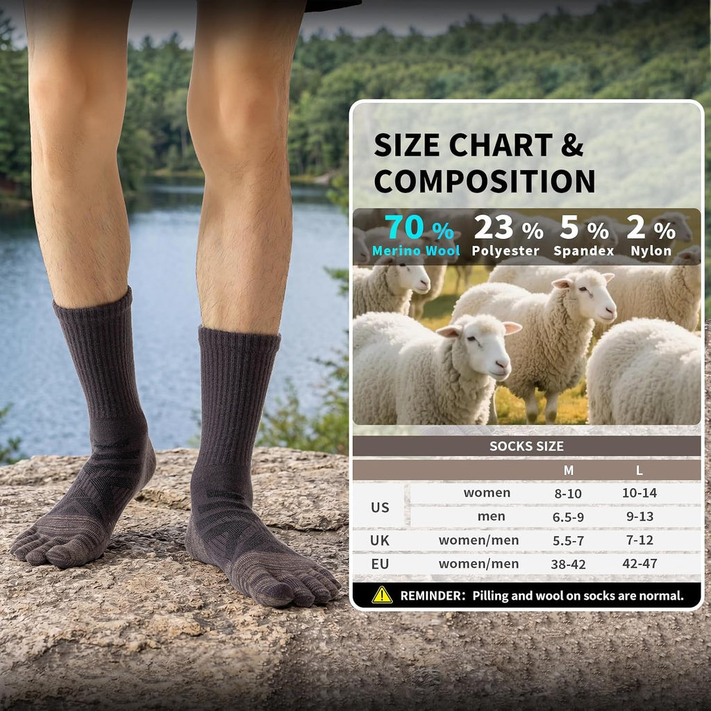 Merino Wool Hiking Toe Socks,Five Finger Socks for Men Women