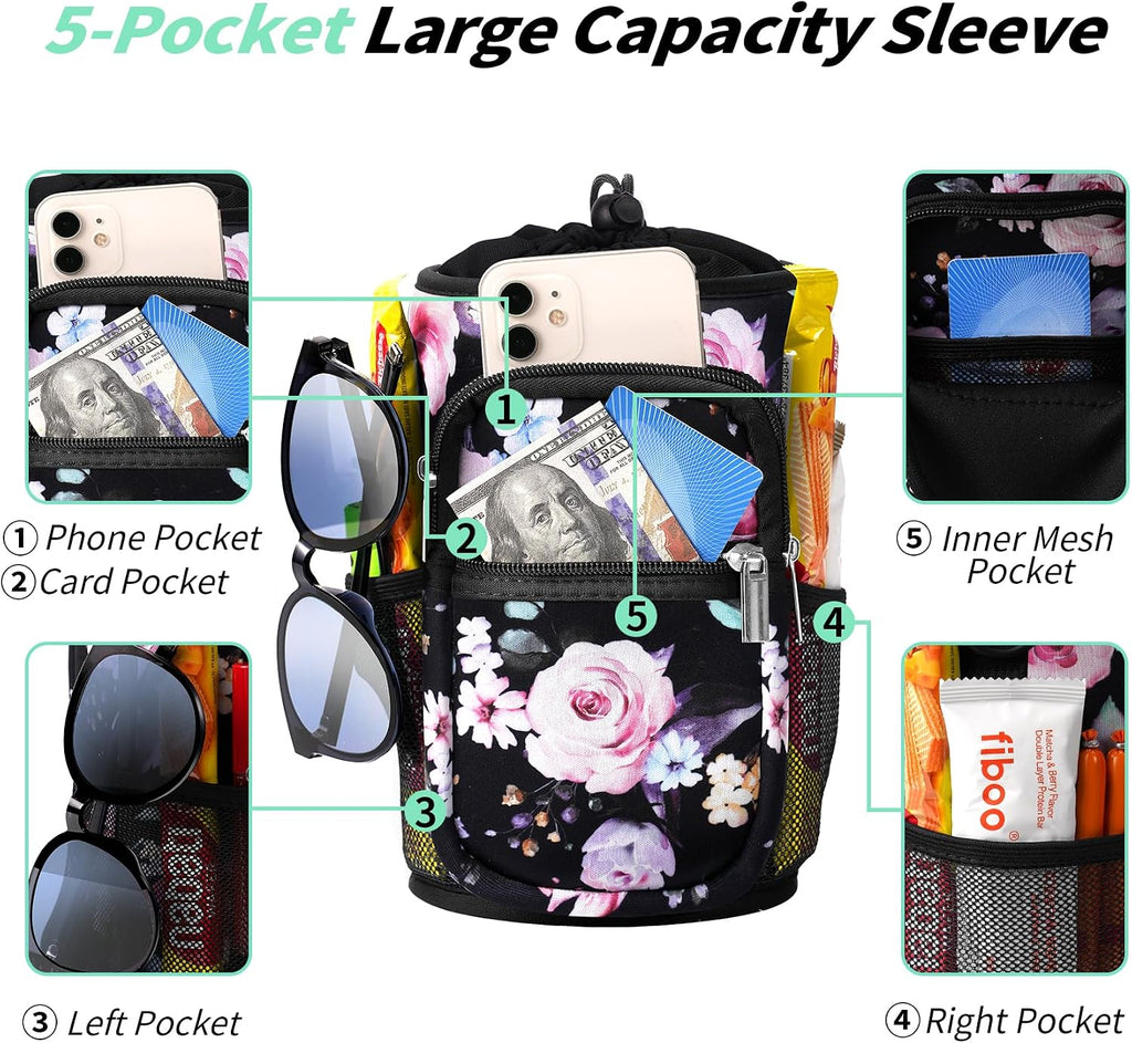 AceTreker 32/40/64/87/128 oz Water Bottle Carrier Bag, Neoprene Water Bottle Sleeve with 4 Pocket, Sport Water Holder with Paracord Handle and Shoulder Strap for Walking Hiking Camping Gym