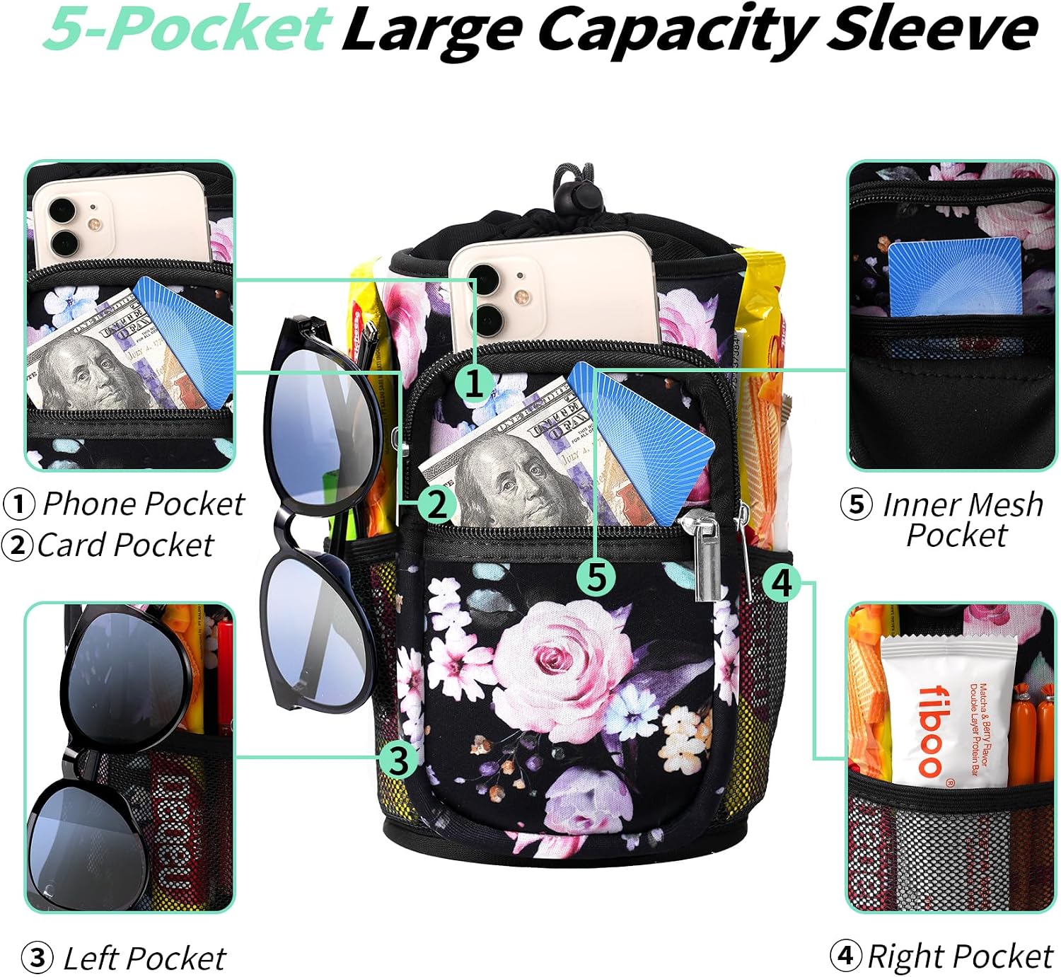 AceTreker 32/40/64/87/128 oz Water Bottle Carrier Bag, Neoprene Water Bottle Sleeve with 4 Pocket, Sport Water Holder with Paracord Handle and Shoulder Strap for Walking Hiking Camping Gym