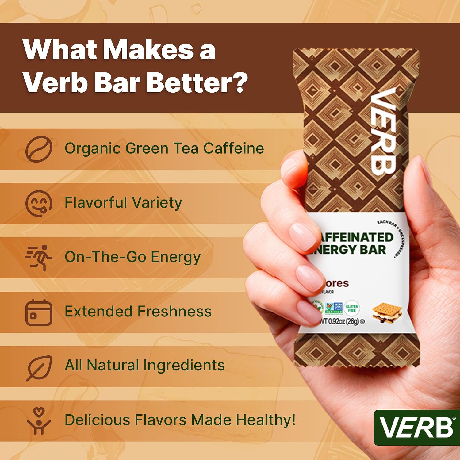 Verb Caffeinated Energy Bars S'mores (26g, Pack of 16) 110 Calories