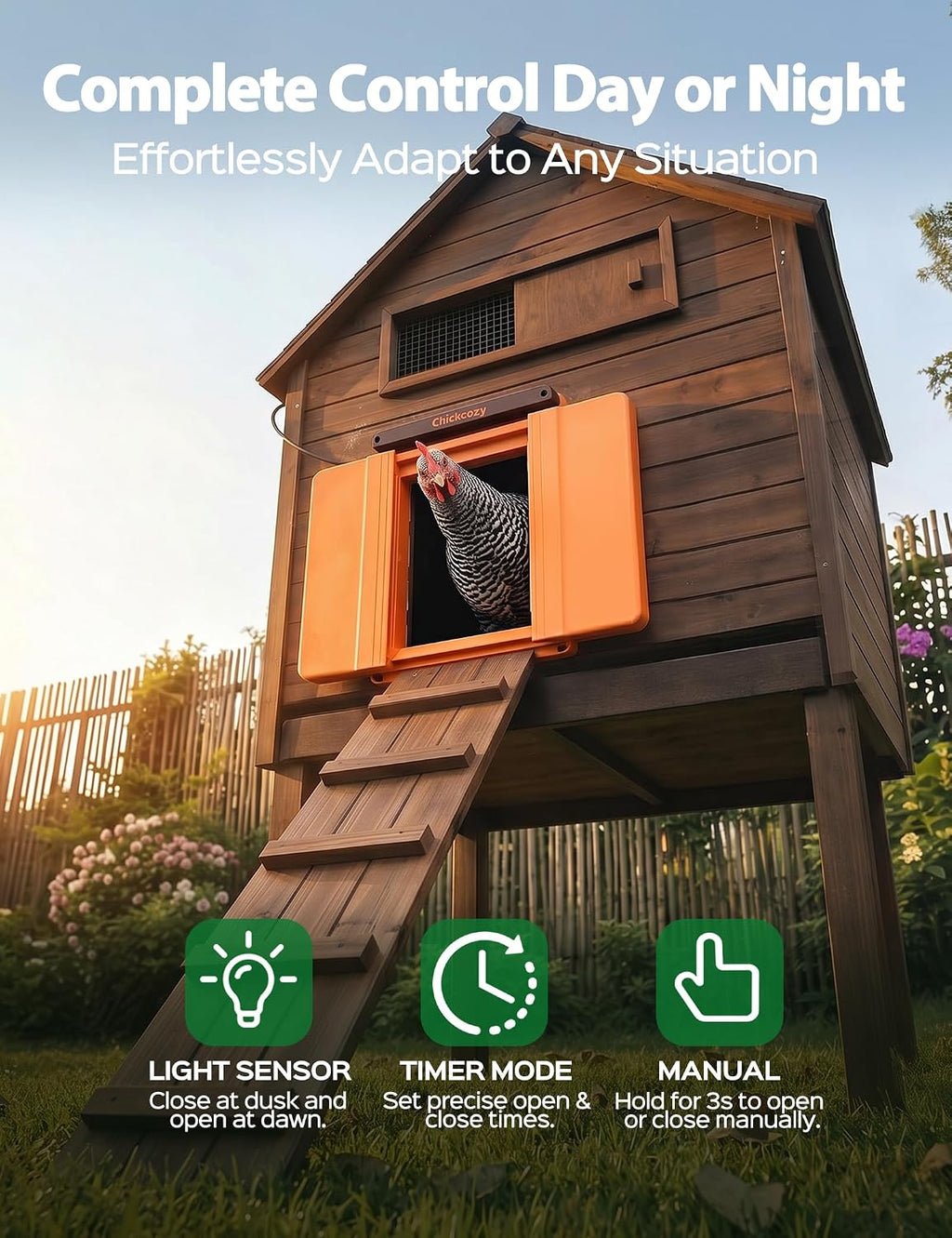 Solar Chicken Coop Door, Dual-Motor Lock, Triple Mode, USB Rechargeable