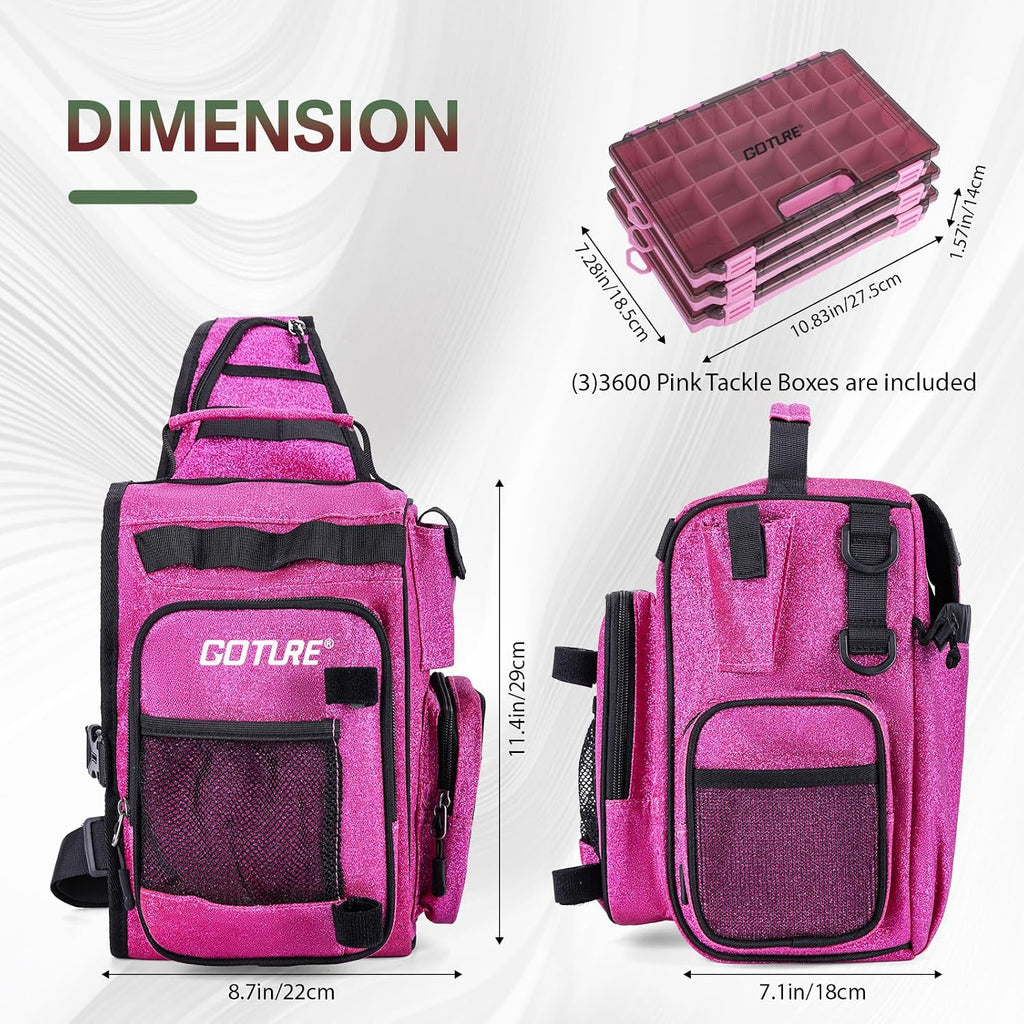 Goture OpenSide Tactical Sling Tackle Bag with 3 Tackle Trays, Lightweight Fishing Backpack Storge Fishing Gear -Shimmering Pink Bag Outdoor,Gift for women