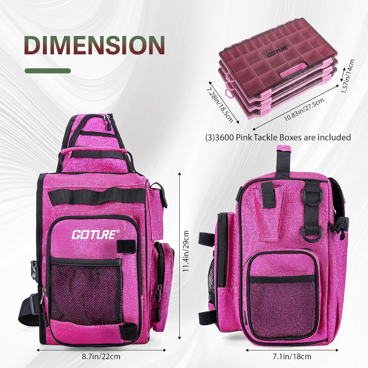 Goture OpenSide Tactical Sling Tackle Bag with 3 Tackle Trays, Lightweight Fishing Backpack Storge Fishing Gear -Shimmering Pink Bag Outdoor,Gift for women