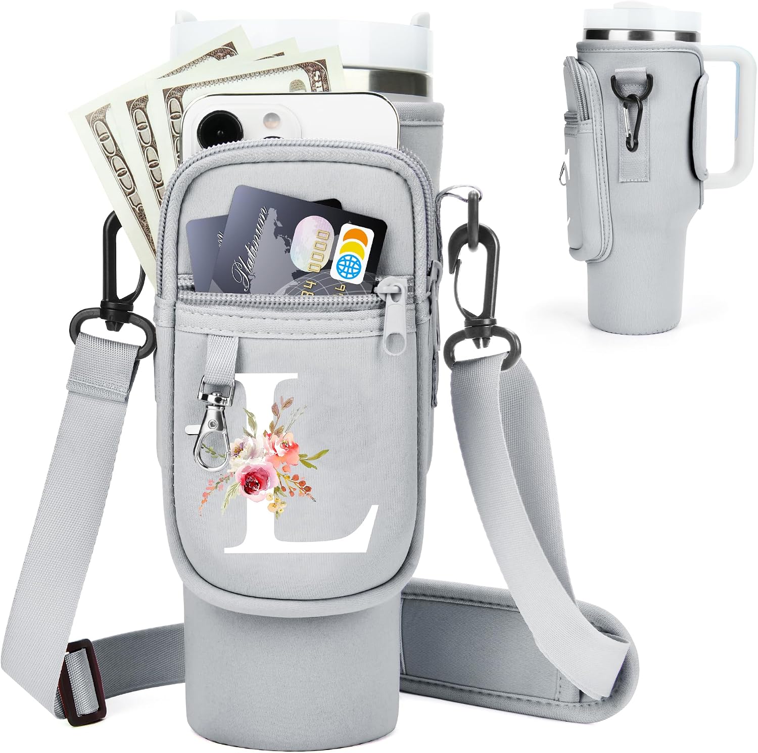 Initial Water Bottle Holder with Strap for Stanley Cup Accessories 40 oz/Simple Modern Tumbler, Birthdays for Women Girls, Water Bottle Carrier Bag with Phone Pocket,Hiking Walking Gym Camping