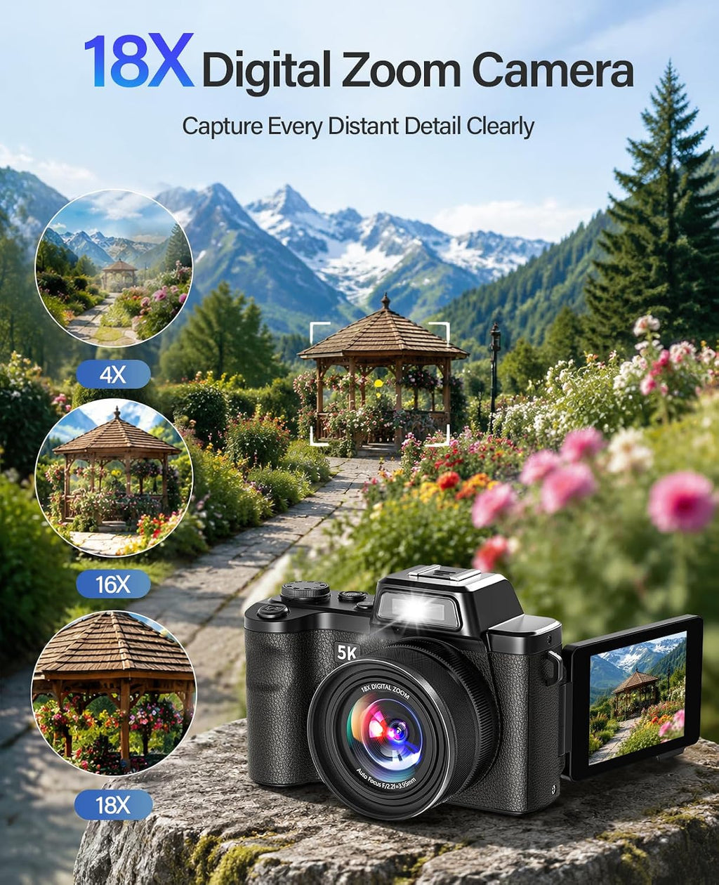 Maxmango D75 Digital Camera for Photography - 5K WiFi Vlogging Camera for YouTube 3" 180° Flip Screen 18X Digital Zoom Compact Travel Cameras with 16GB TF Card Black for Beginners