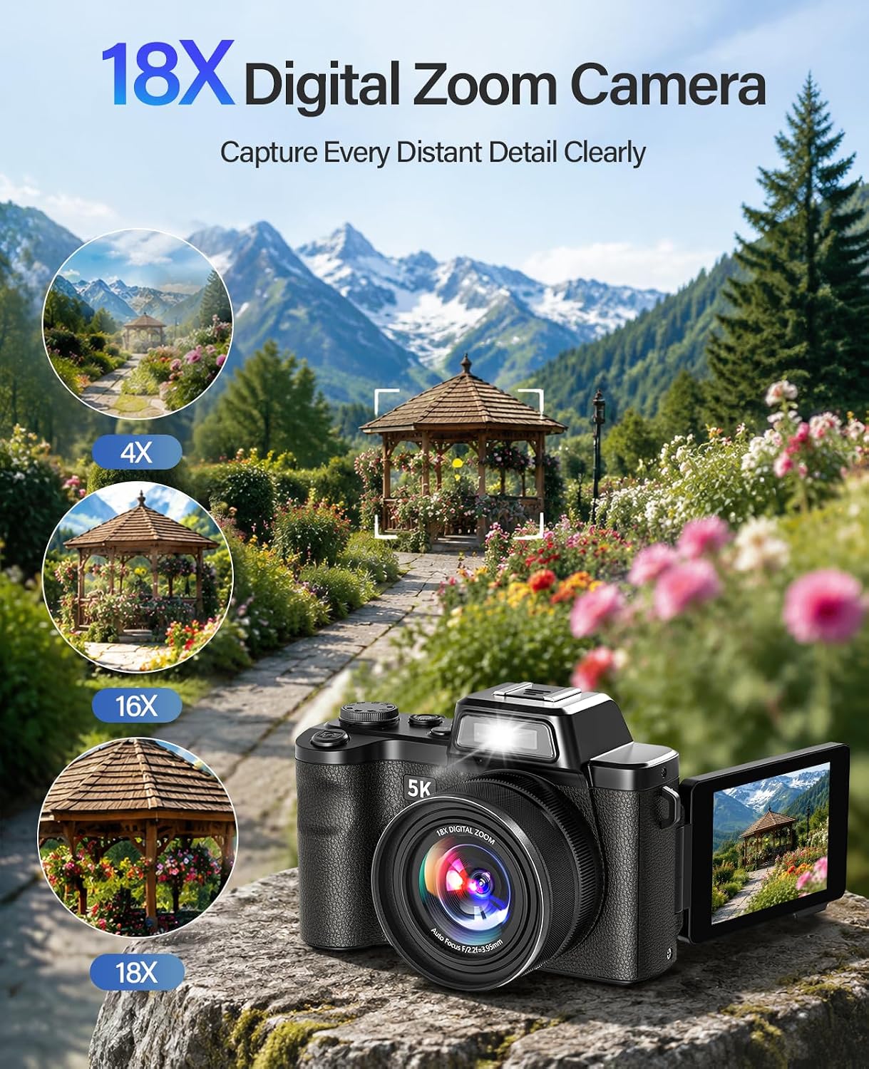 Maxmango D75 Digital Camera for Photography - 5K WiFi Vlogging Camera for YouTube 3" 180° Flip Screen 18X Digital Zoom Compact Travel Cameras with 16GB TF Card Black for Beginners