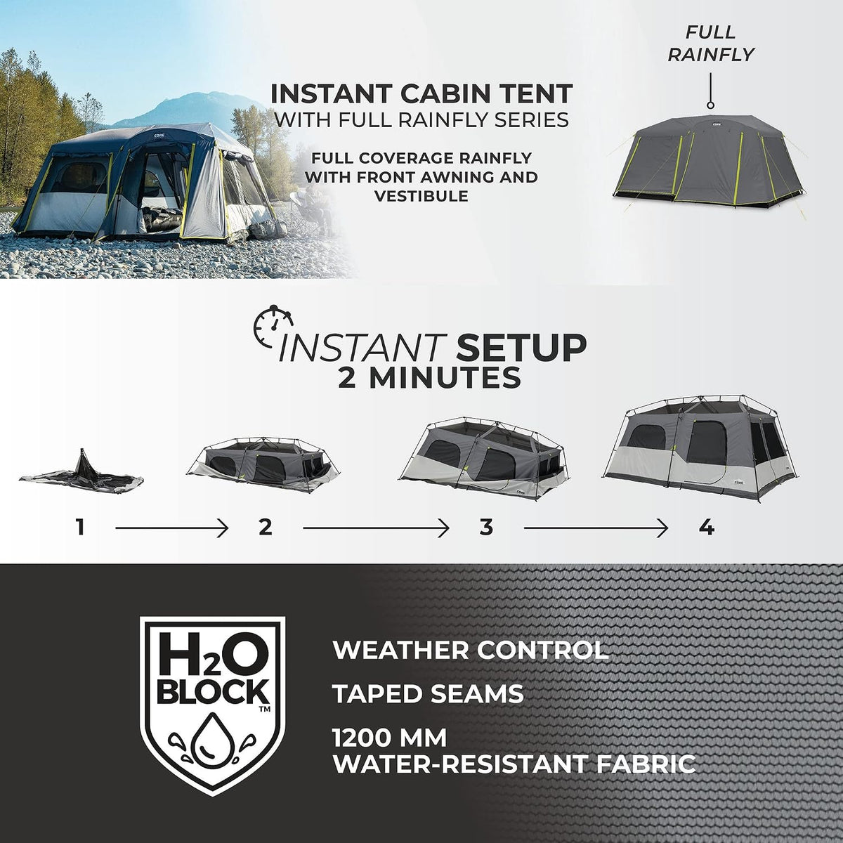 CORE Instant Cabin Tents | Family Cabin Multi Room Pop Up Tents Car Camping | Included Storage Pockets for Camping Accessories