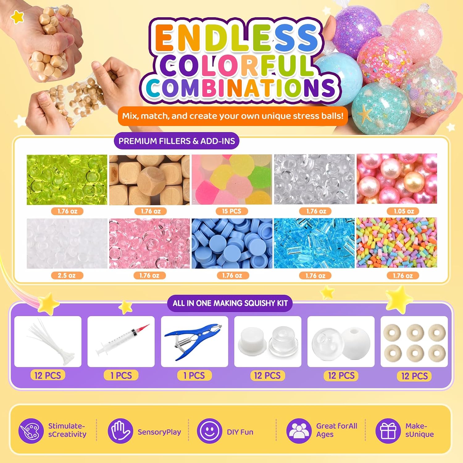 RYOXZEL DIY Stress Ball Making Kit, 12pcs Squishy TPR Ball Skins with 1lb Fillers, Make Your Own Squishies Set, Air Pump & Expander Tool Ties, Fidget Sensory Craft Kit for Stress Relief