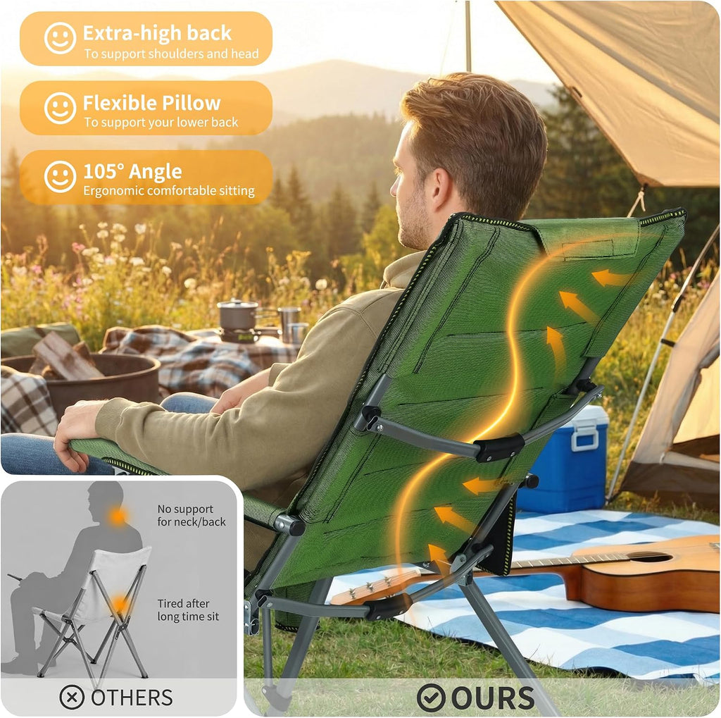Heavy Duty Folding Camping Chair for Camp, Picnic, Lawn, Fishing (Green, Adjustable)