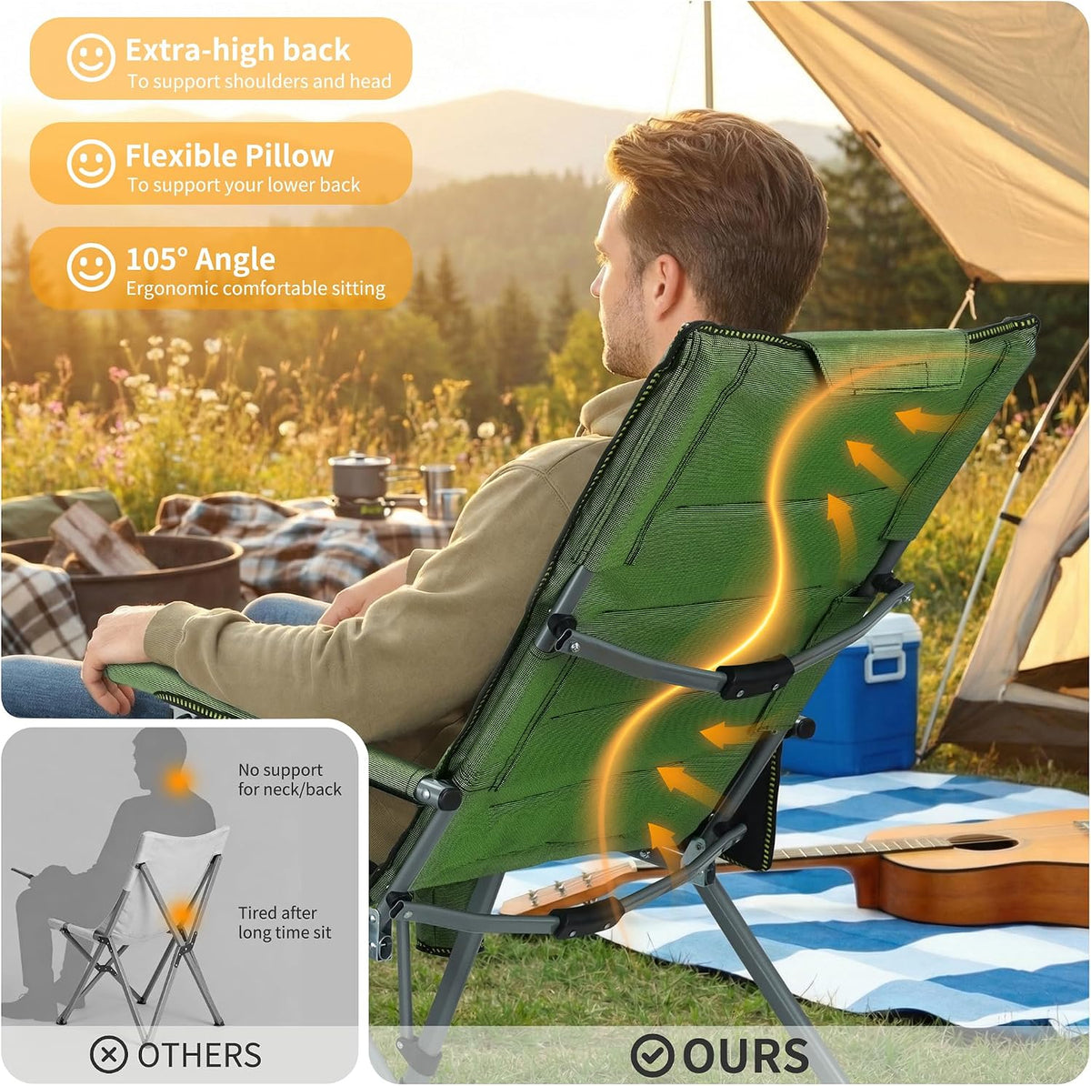 Heavy Duty Folding Camping Chair for Camp, Picnic, Lawn, Fishing (Green, Adjustable)