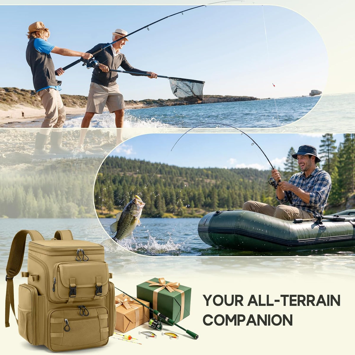 RAINSMORE Fishing Backpack, 45L Large Water-resistant Fishing Tackle Bag