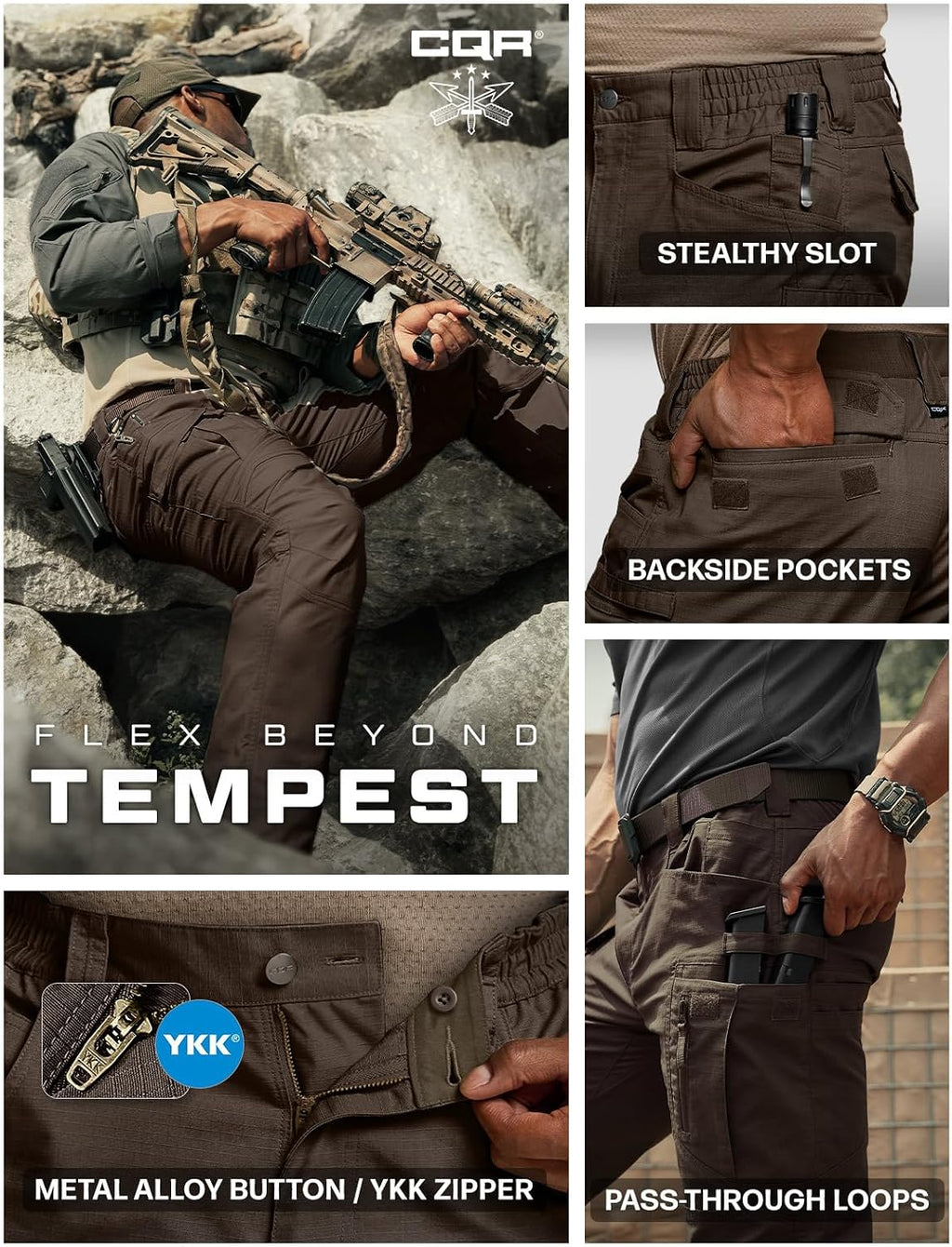 CQR Men's Flex Stretch Tactical Pants, Water Resistant Ripstop Cargo Pants, Lightweight EDC Outdoor Work Hiking Pants