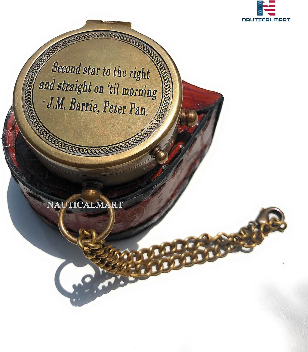 Second Star to The Right J. M. Barrie, Peter Pan Engraved Brass Compass Directional Compass Magnetic Pocket Personalized Gift for Camping, Hiking and Touring