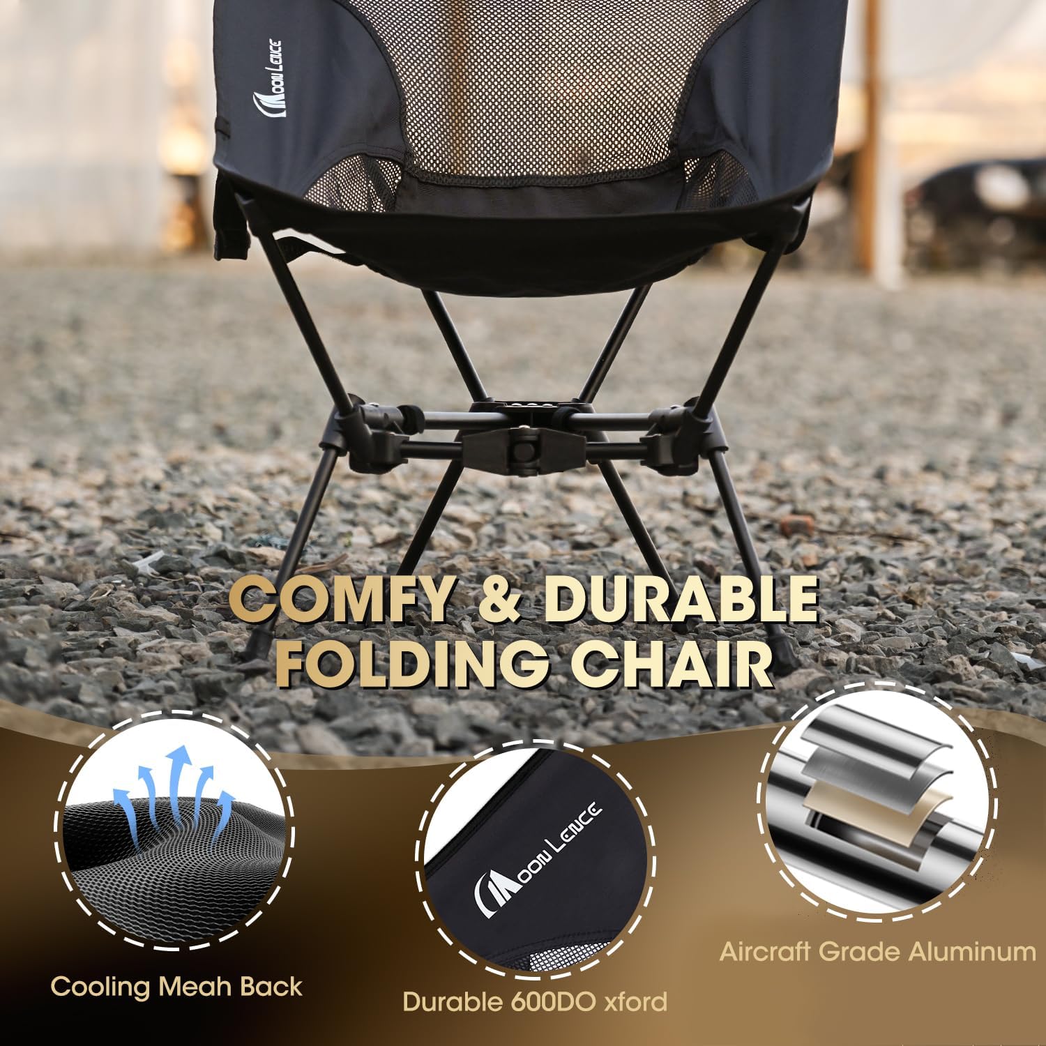 MOON LENCE Portable Camping Chair，Lightweight Backpacking Hiking Chairs,Compact,Foldable,with Anti-Sinking Large Feet for Beach,330 lbs Capacity (Black, Standard)