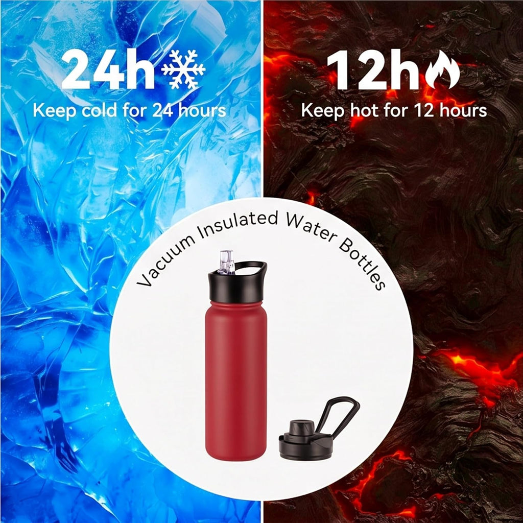 24oz Insulated Water Bottle with Straw Lid, Stainless Steel Metal Water Bottle with Straw & Wide Mouth Lid, Double Wall Vacuum Water Bottle for Hiking Camping, Red 4 Pack