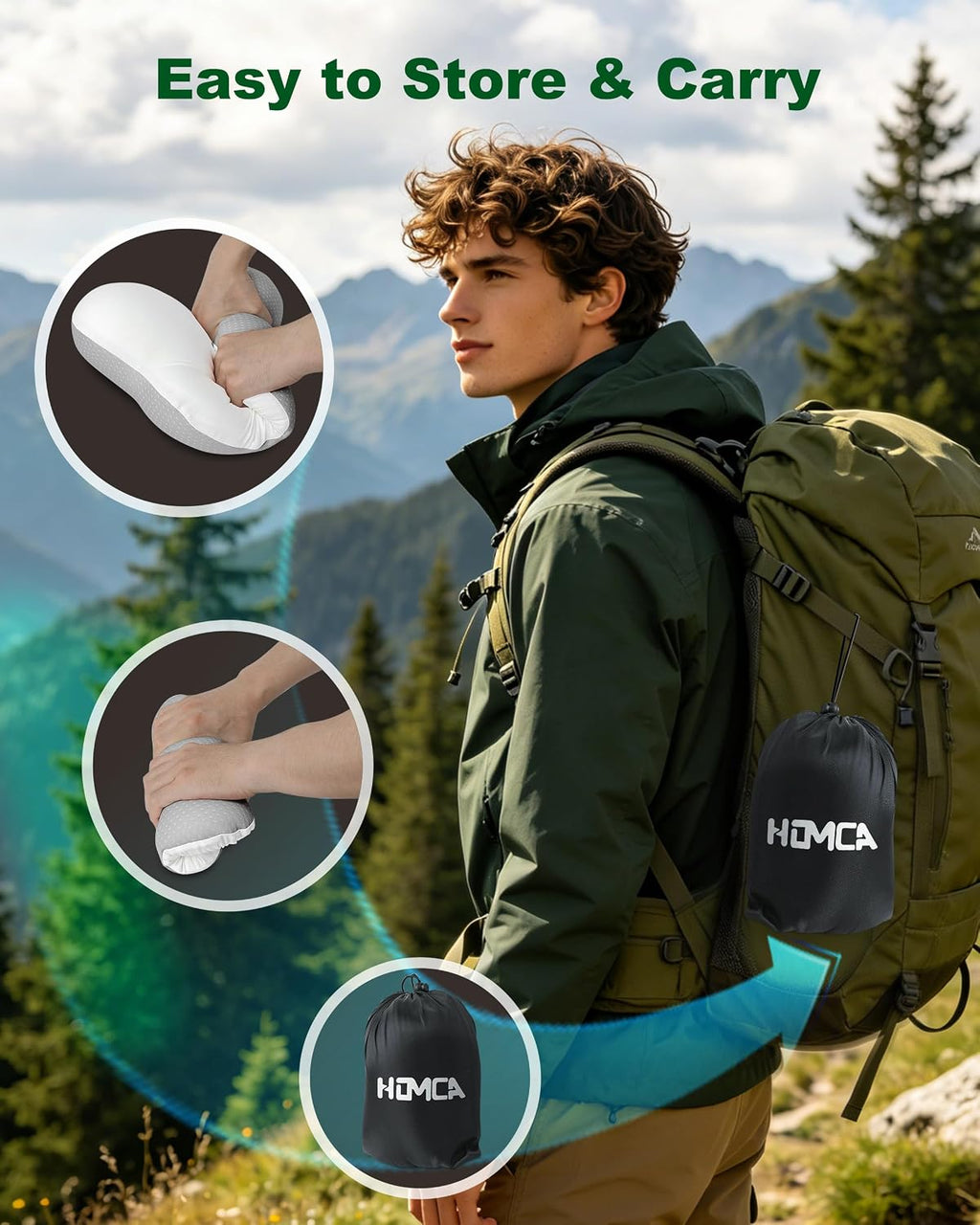 HOMCA Memory Foam Camping Pillow, Travel Pillow for All Sleepers
