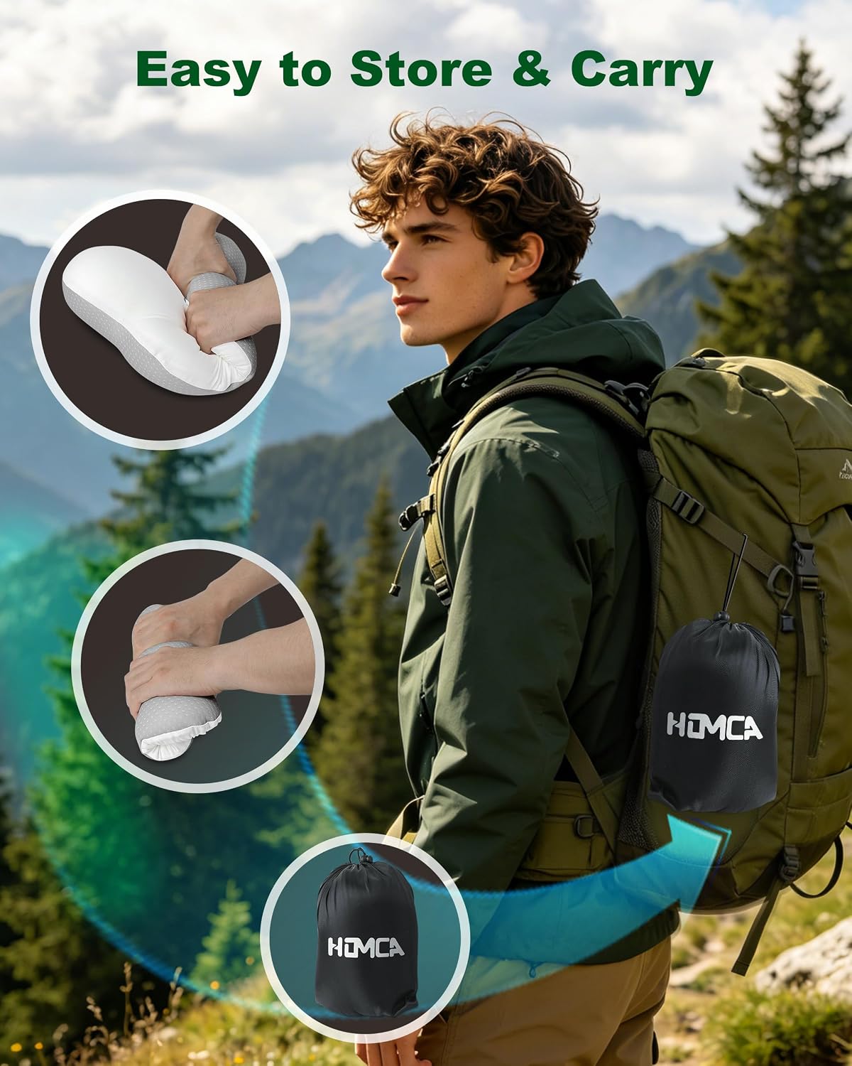 HOMCA Memory Foam Camping Pillow, Travel Pillow for All Sleepers