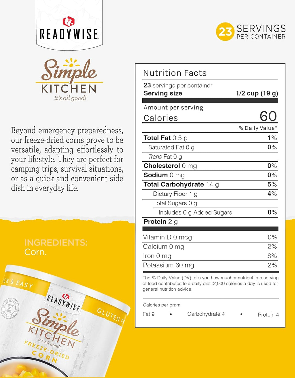 SIMPLE KITCHEN Freeze Dried Sweet Corn #10 Can, 23 Servings, Camping Food