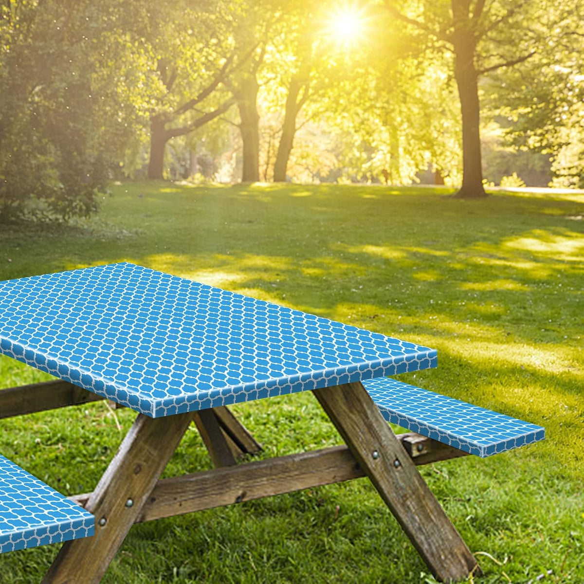 6ft 72in Picnic Table and Bench Cover, 3 Pack, Blue-White Moroccan