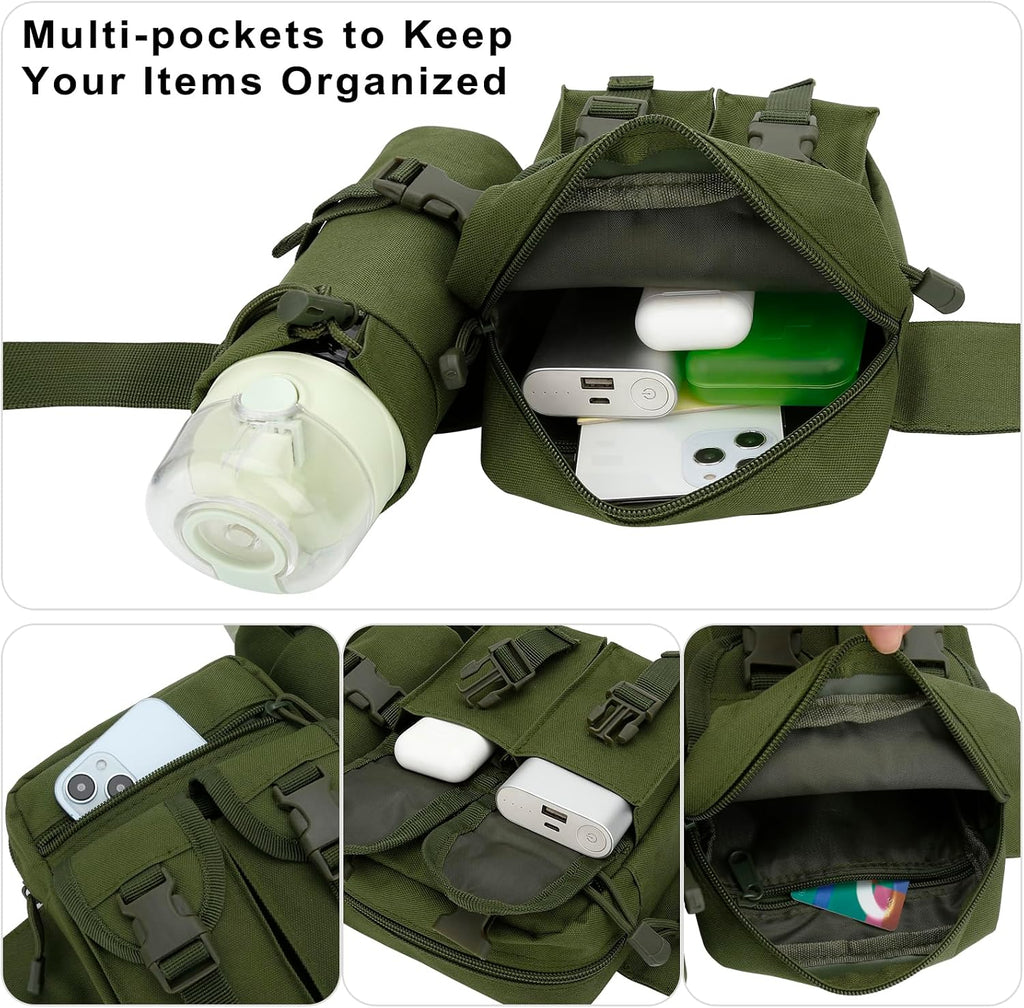 DOB SECHS Hiking Waist Bag with Detachable Water Bottle Holder and Adjustable Waist Belt Oxford Fanny Pack for Men Women Causal Belt Bag for Travel Outdoor Fishing Running Hiking Hunting,Green