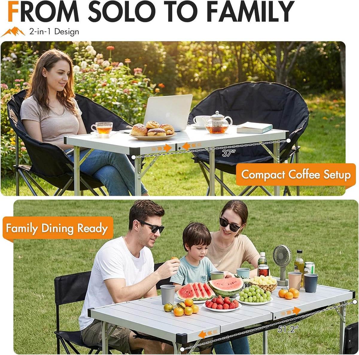 Portal Expandable Camping Table, 37"-51.2" Aluminum Folding Table for 2-6
