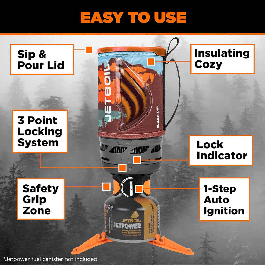 Jetboil Flash 1.0L Portable Fast Boil Stove for Camping and Backpacking with 1-Step Auto Ignition, Propane/Isobutane Burner with Cooking Cup, Mountainscape