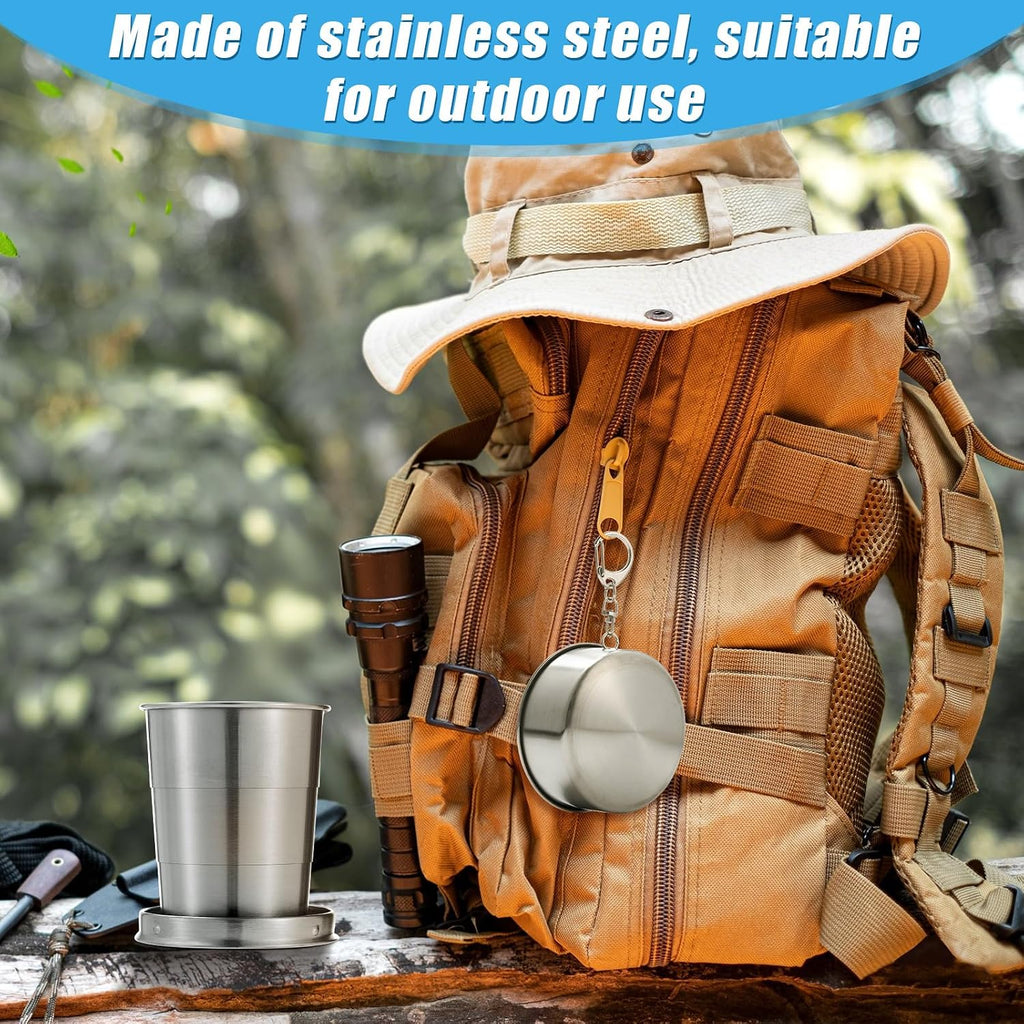 Tessco for you 6 Pieces Collapsible Shot Glasses Stainless Steel Collapsible Cup Reusable Portable Travel Folding Cup with Lid and Keychain for Camping Hiking Cycling(15 oz)