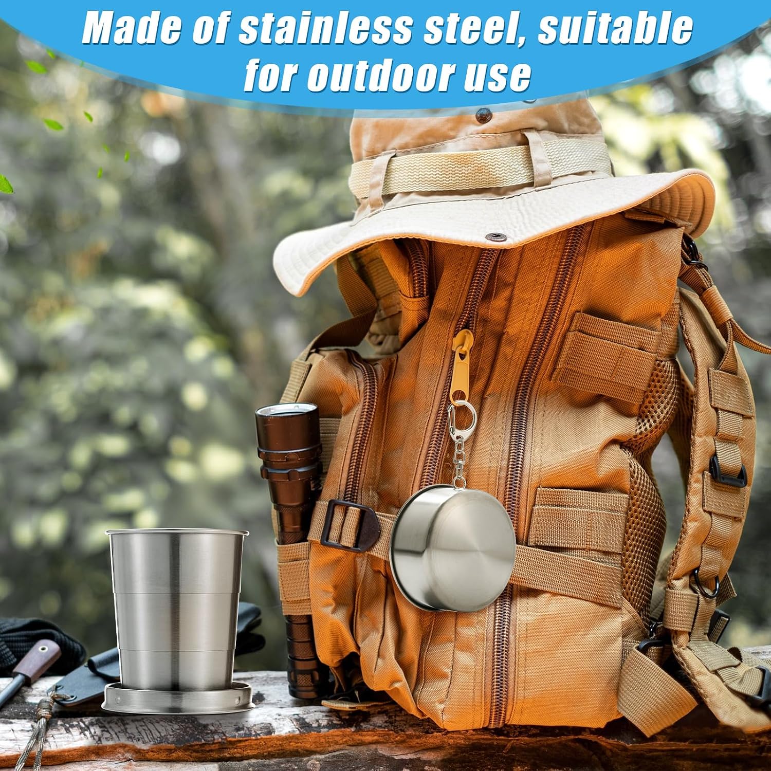 Tessco for you 6 Pieces Collapsible Shot Glasses Stainless Steel Collapsible Cup Reusable Portable Travel Folding Cup with Lid and Keychain for Camping Hiking Cycling(15 oz)
