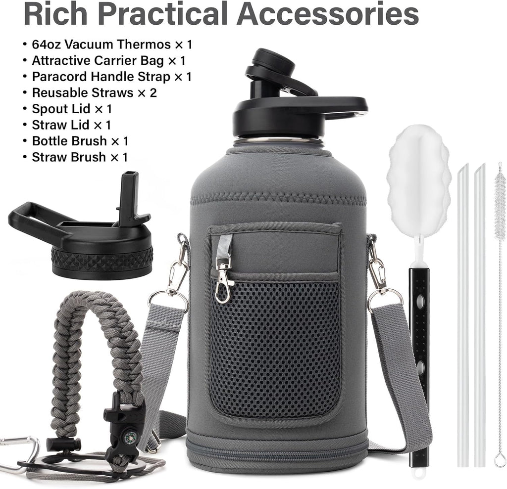 DYSANKY Insulated Water Bottle w/Straw Lid & Portable Carrier Bag, 64oz