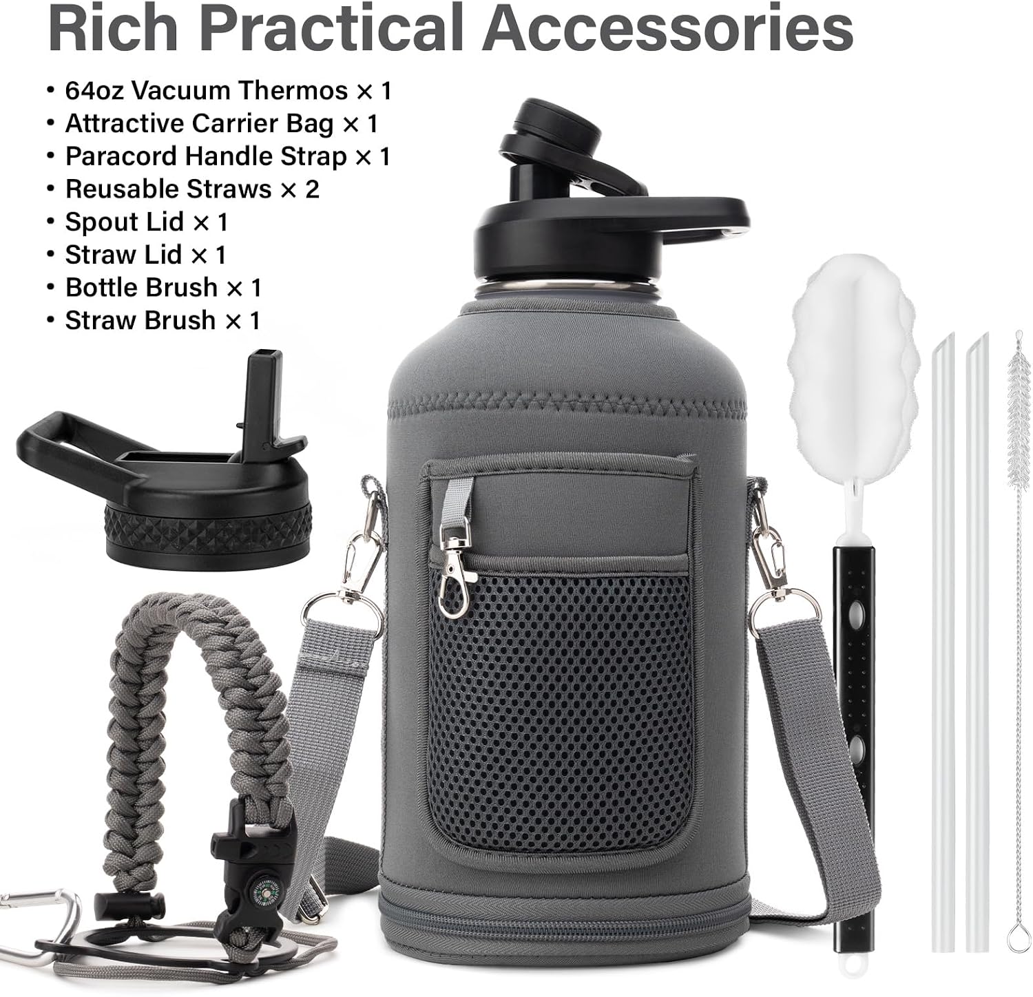 DYSANKY Insulated Water Bottle w/Straw Lid & Portable Carrier Bag, 64oz