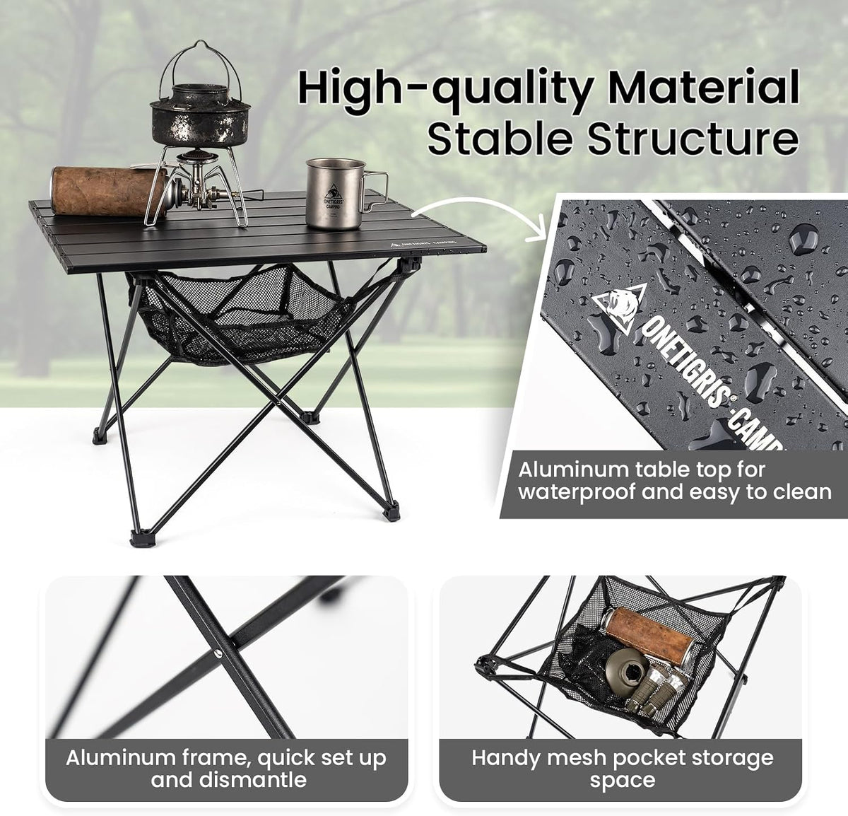 ONETIGRIS Portable Camping Table, Lightweight Beach Table with Storage Net & Carry Bag, Camping Side Table for Outdoor Cooking, Hiking, Fishing, Picnic, Travel