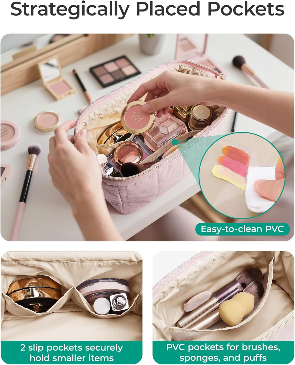 BAGSMART Makeup Bag Travel Toiletry Bag, Puffy Padded Make Up Bags for Women Makeup Organizer Case, Wide-open Pouch Purse Travel Essentials Toiletries Accessories Brushes, Apricot Pink