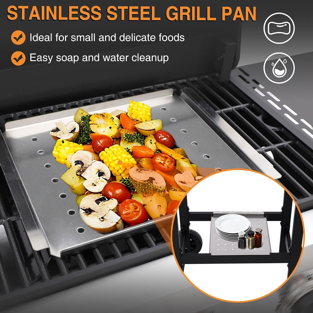 Propane Gas Grill with Folding Side Tables, 3-Burner Gas Grill with Cast Iron Grates and Stainless Steel Griddle Pan, Outdoor BBQ Grill Portable with Wheels 30,000 BTU Output