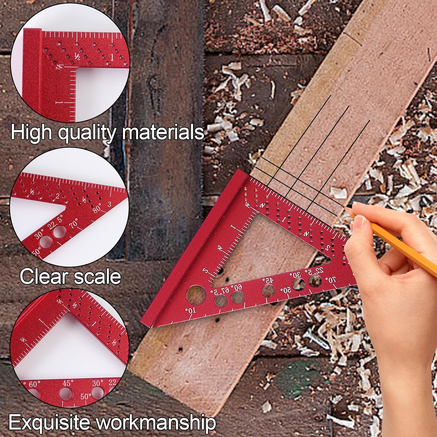 Carpenter Square, Small Triangle Square, 90 Degree Small Square Ruler, Woodworking Measuring Tool with Fixed Miter Angle Pin (Red)