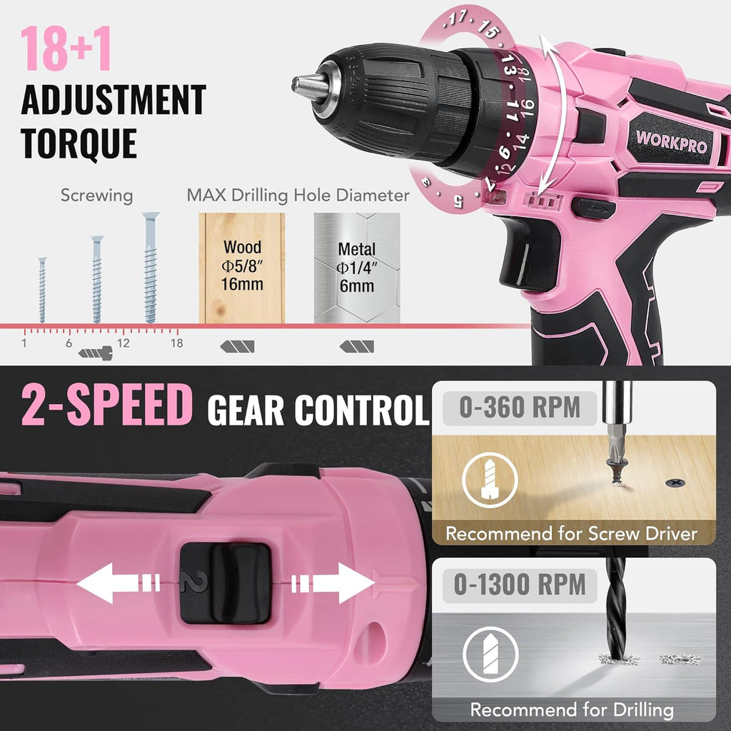 WORKPRO 12V Cordless Pink Drill Set for Women, Home Tool Kit with Tool box
