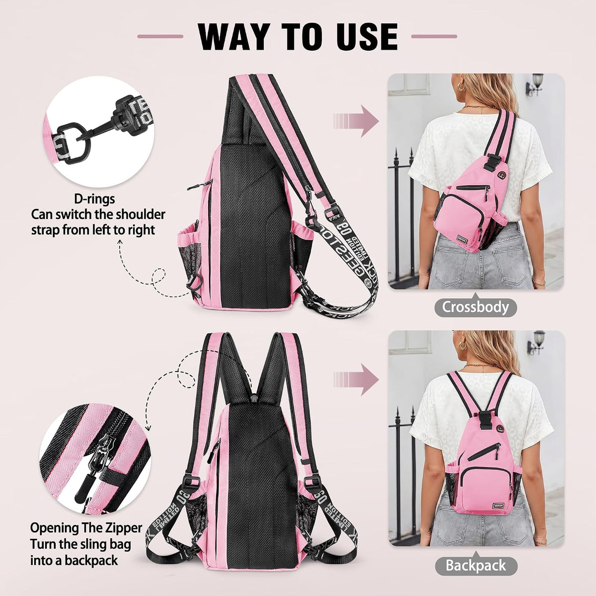Crossbody Backpack Convertible Sling Bag for Women Men with Adjustable Strap Small Casual Daypack for Hiking Traveling (Large, 13-Inch, Pink)