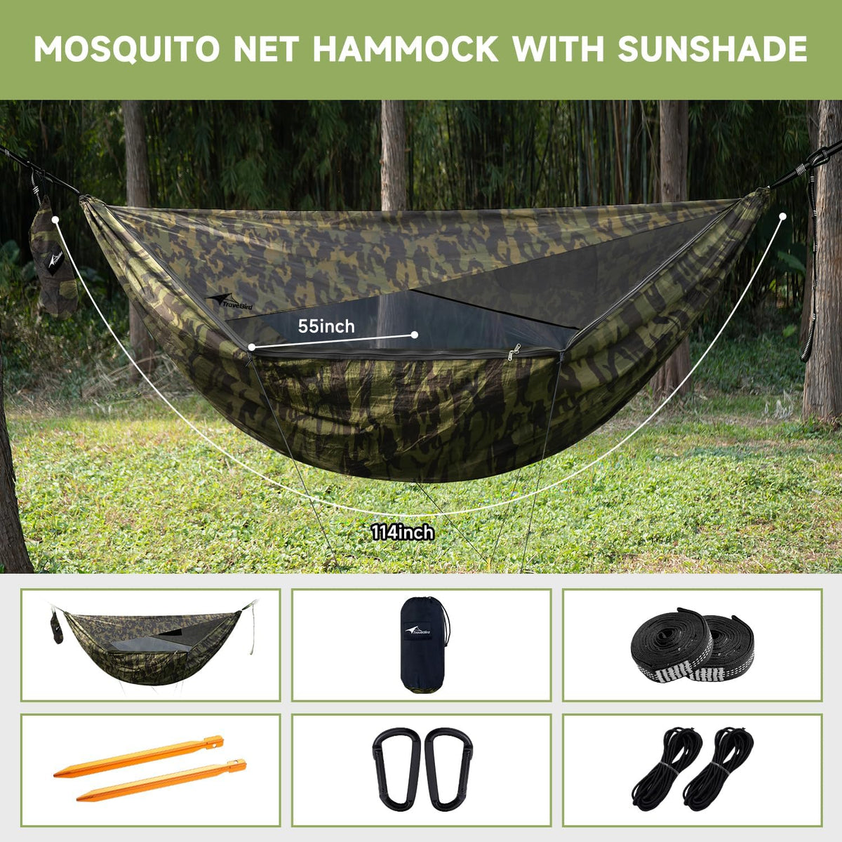 Camping Hammock with Mosquito Net, Sunshade and Ridge Rope, 2 Person